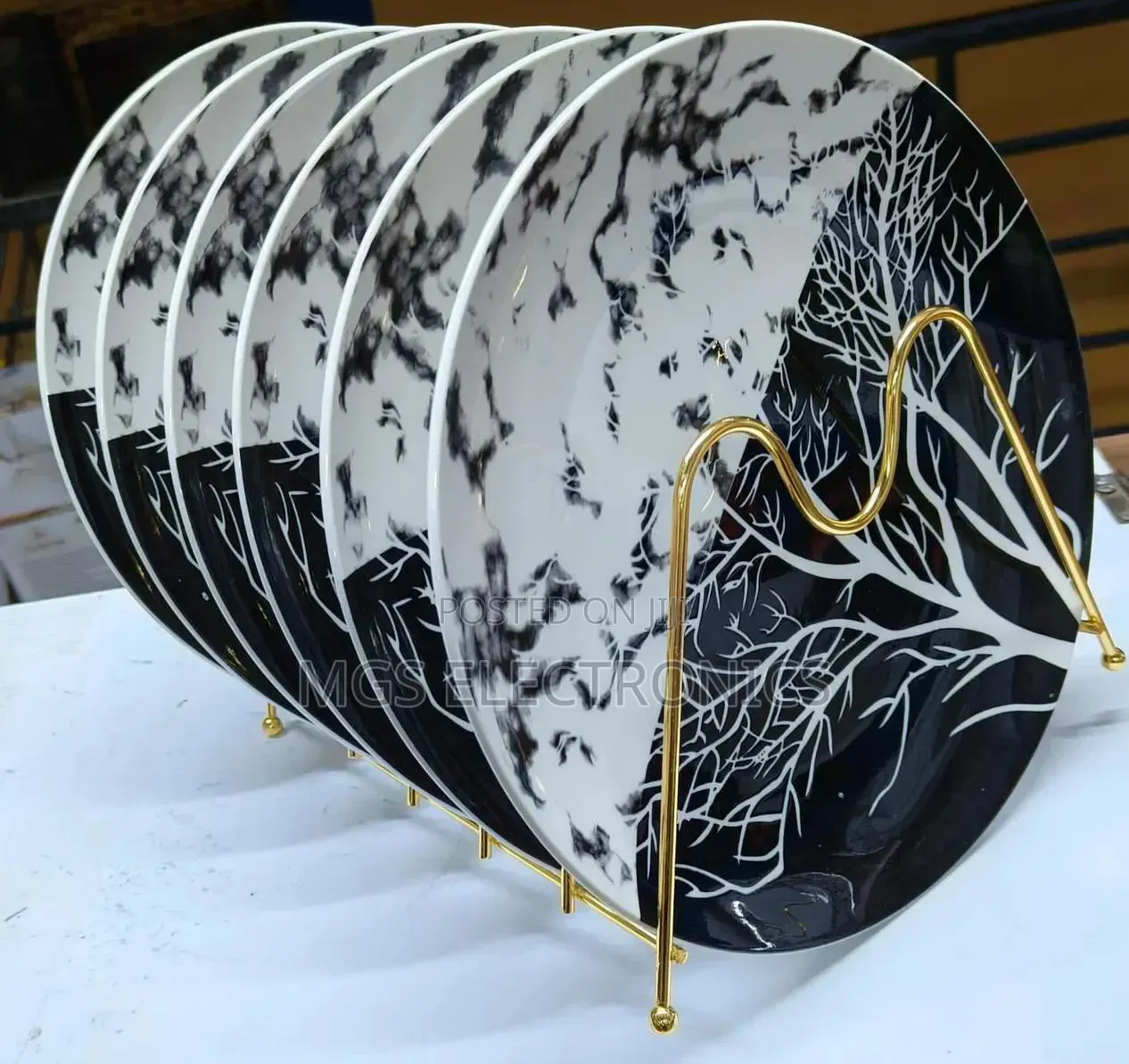 6 Pieces Ceramic Tree Design Dinner Plate Set - Black White Abstrac