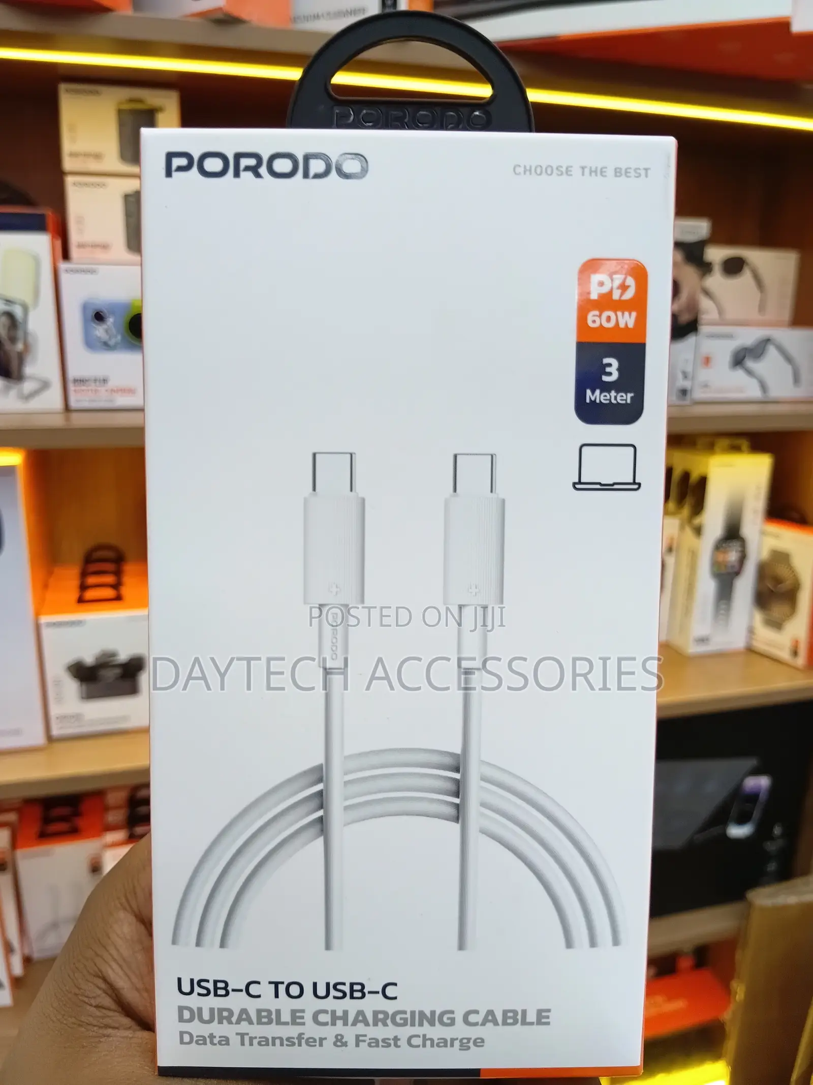 This Is 3m Porodo Usb-C to Usb-C Durable Charging Cable in White.