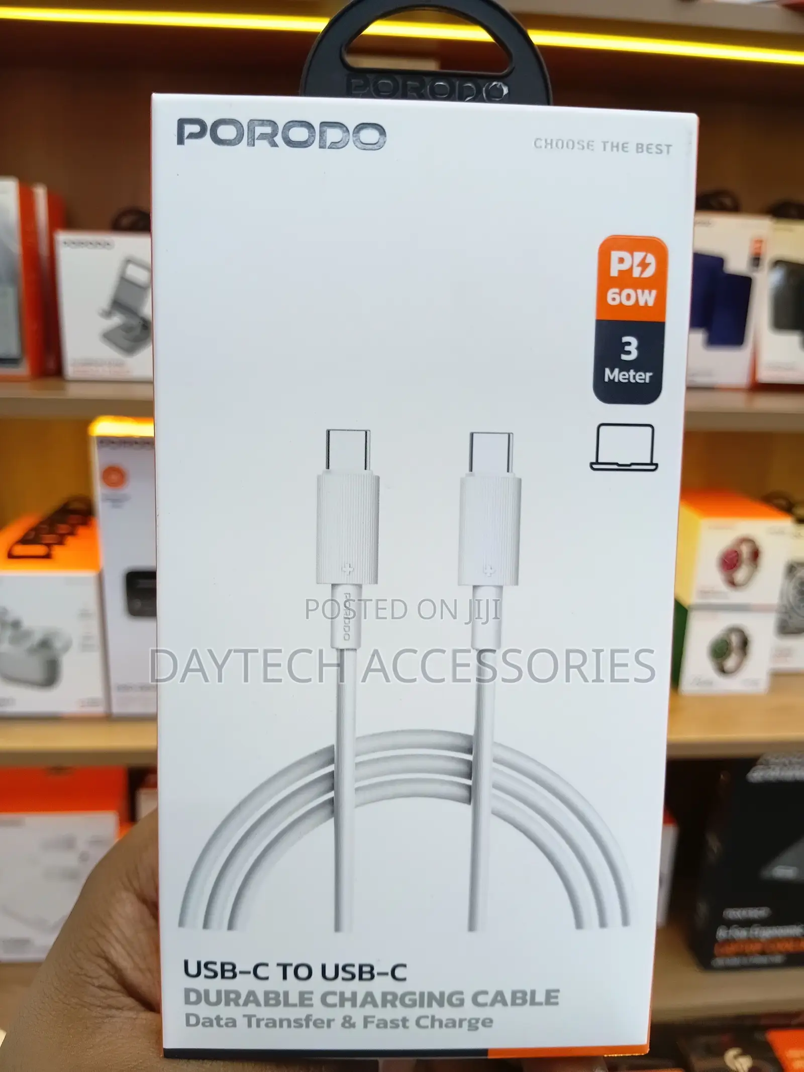 This Is 3m Porodo Usb-C to Usb-C Durable Charging Cable in White.