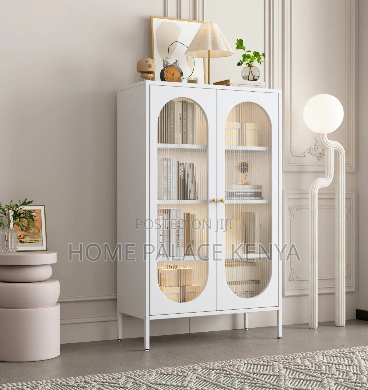 Kitchen Storage: White Wooden Storage Cabinet With Glass Doors