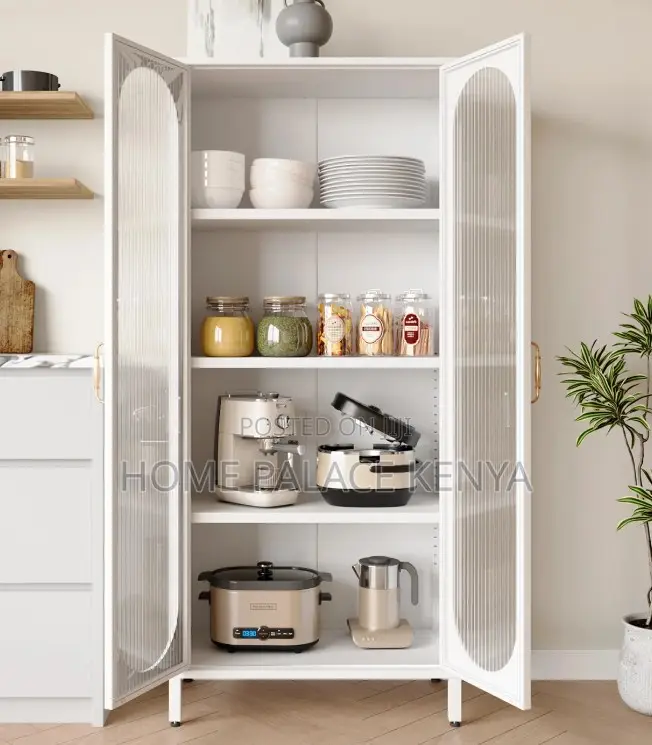 Kitchen Storage: White Wooden Storage Cabinet With Glass Doors
