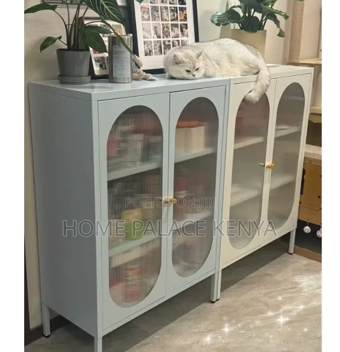 Kitchen Storage: White Wooden Storage Cabinet With Glass Doors