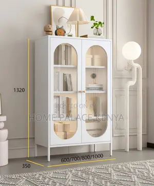 Kitchen Storage: White Wooden Storage Cabinet With Glass Doors
