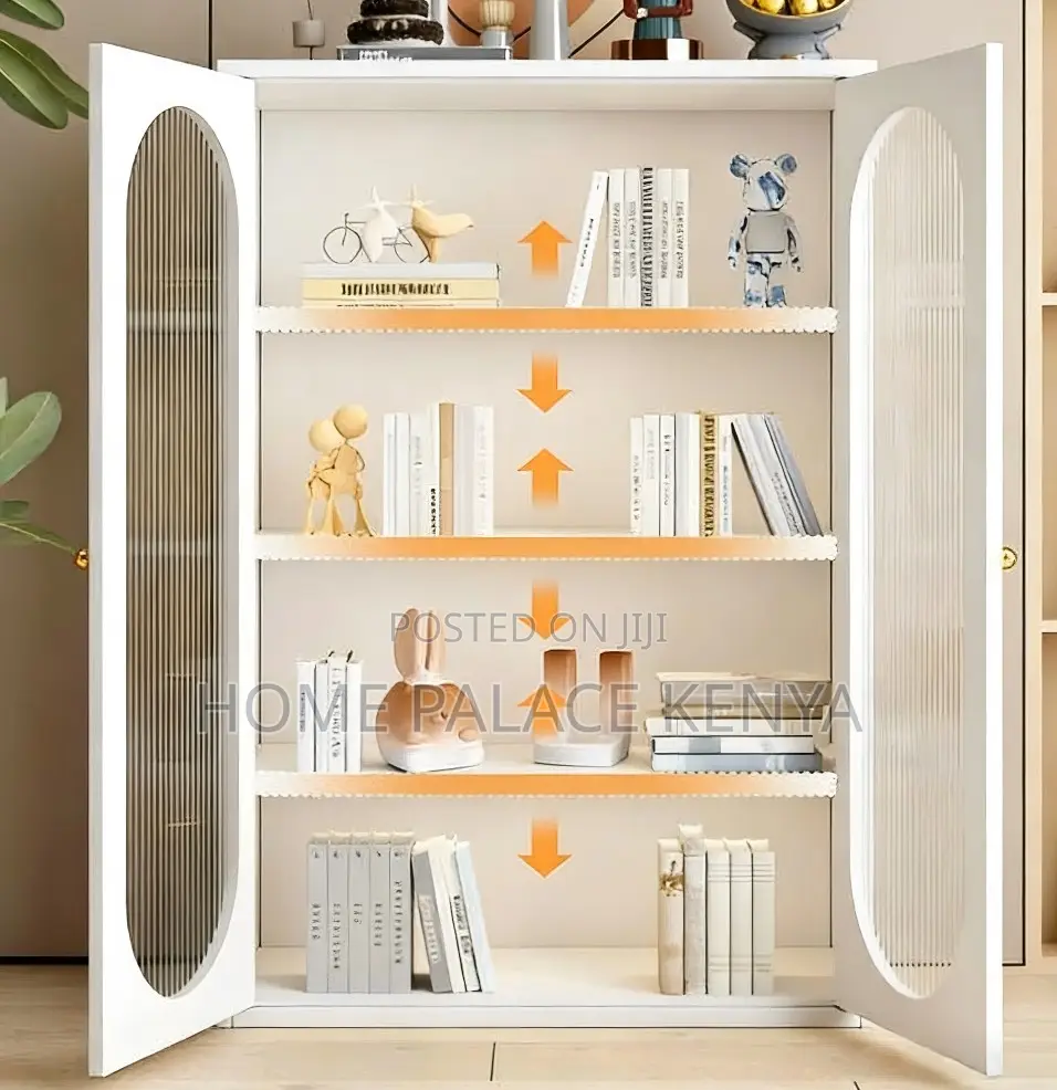 Kitchen Storage: White Wooden Storage Cabinet With Glass Doors