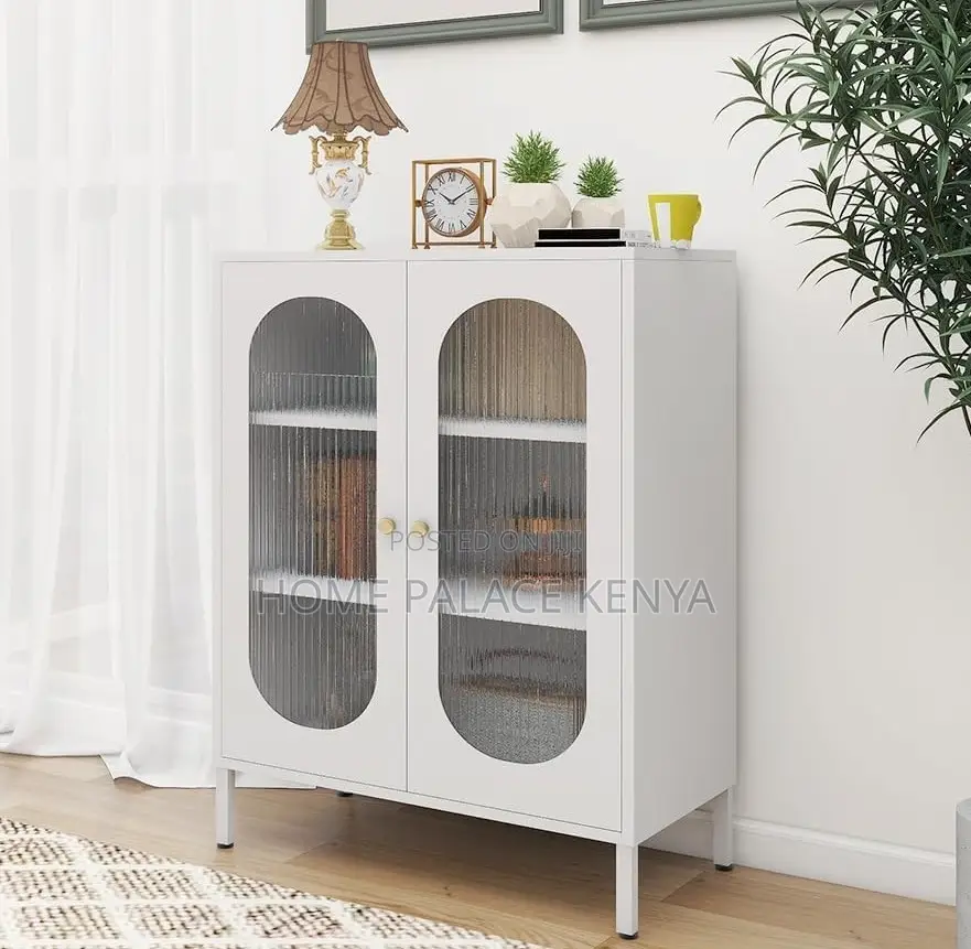 Kitchen Storage: White Wooden Storage Cabinet With Glass Doors