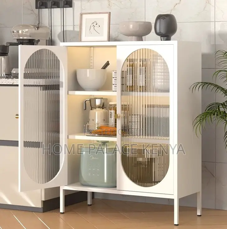 Kitchen Storage: White Wooden Storage Cabinet With Glass Doors