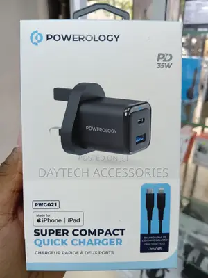 Powerology Usb-C 35w Gan Charger With Usb-C to Lightining Cable-Black(