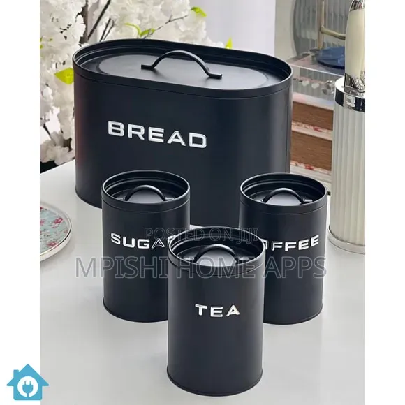 Alloy Bread Bin With 3 Labelled Airtight Canisters Set