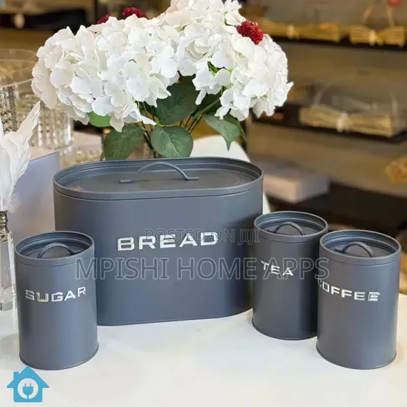 Alloy Bread Bin With 3 Labelled Airtight Canisters Set