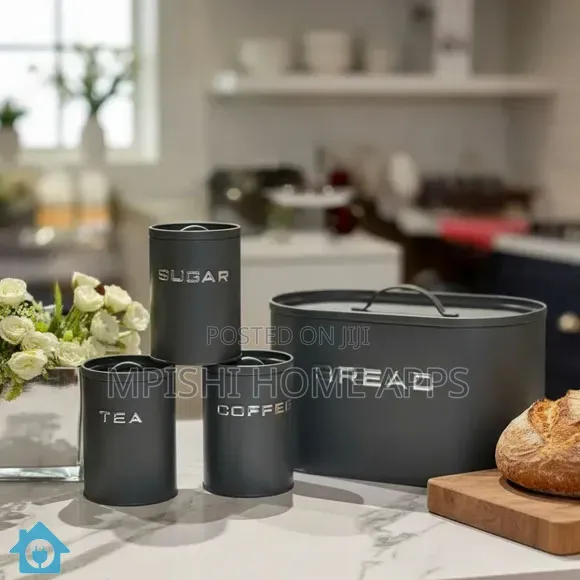 Alloy Bread Bin With 3 Labelled Airtight Canisters Set