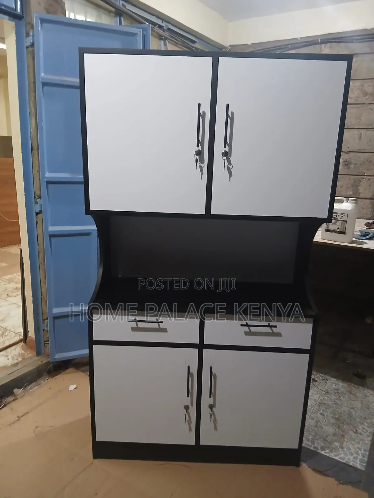 Kitchen Cabinet: Two-Tone Wooden Lockable Kitchen Storage Cabinet