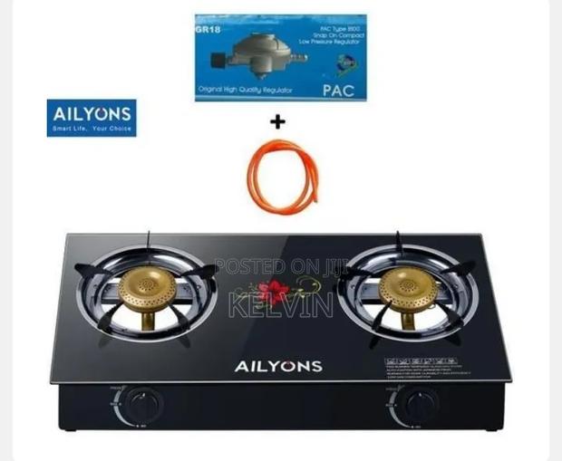 Ailyons Auto Ignition 2 Burner Glass Top+1.5m Pipe+6kg Gas Regulator