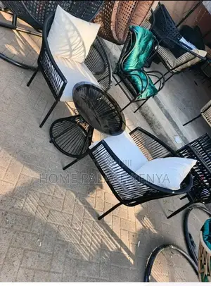 Outdoor Set: Wooven Chair With Cushions, Aluminum Support and Table