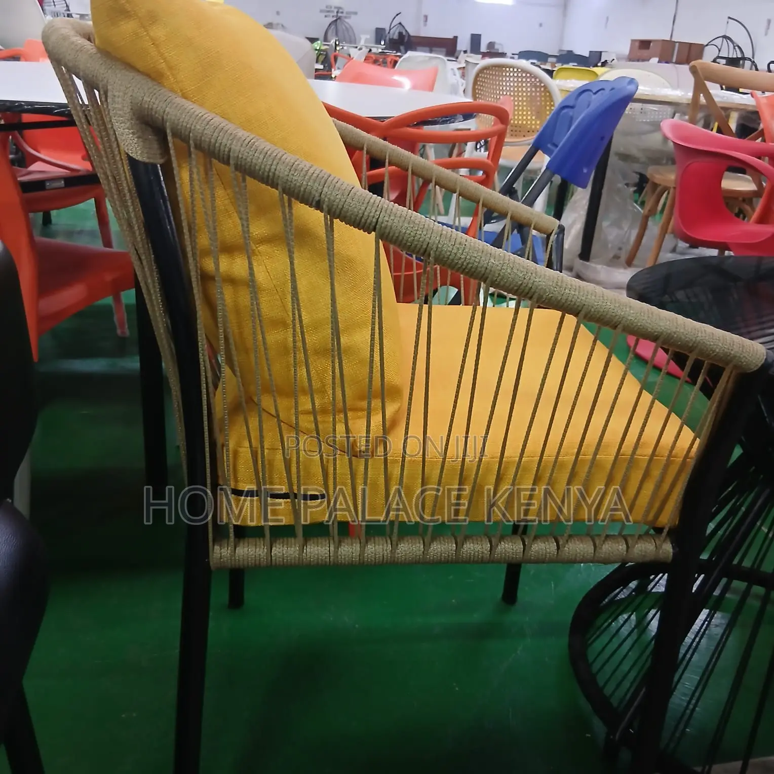 Outdoor Set: Wooven Chair With Cushions, Aluminum Support and Table