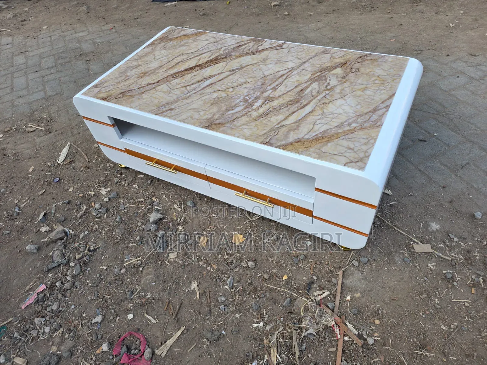 Coffee Table White Gold Marble Top Brown