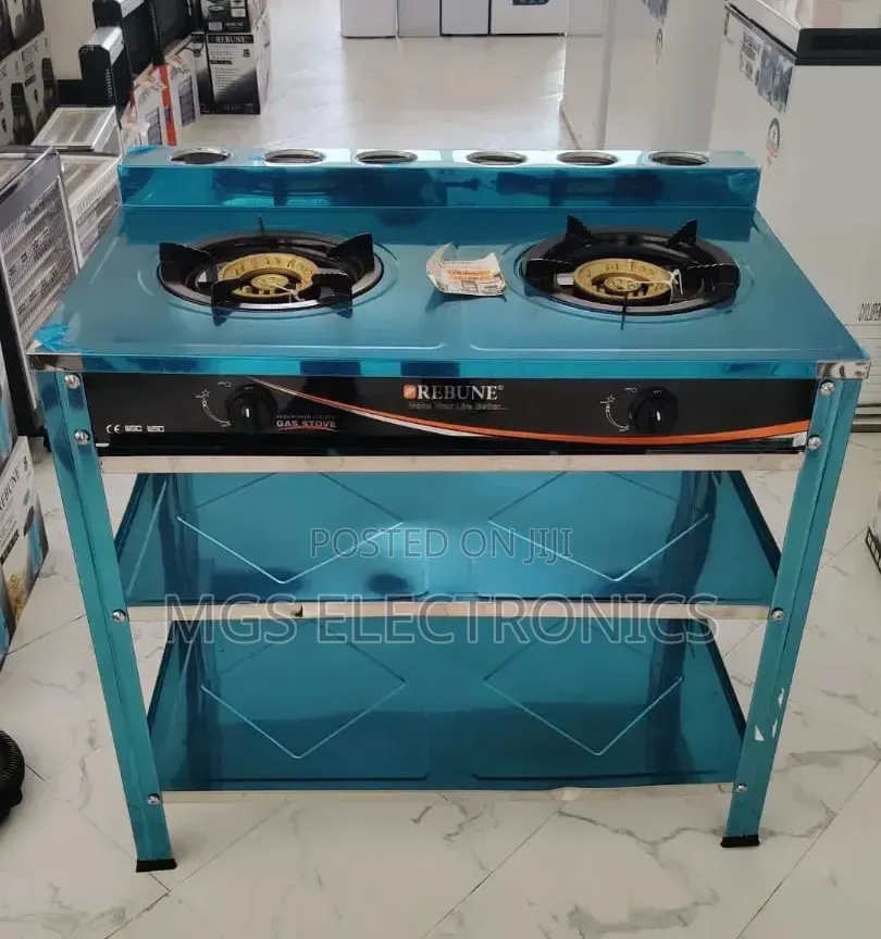 Heavy Duty Rebune Double Burner Standing Gas Stove With Shelves