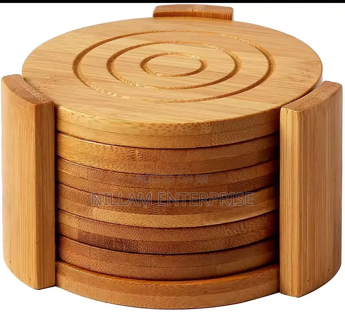 6pcs Round Bamboo Coaster Set*