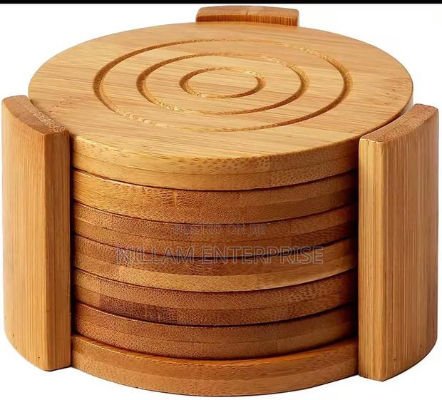 6pcs Round Bamboo Coaster Set* - thumbnail 3
