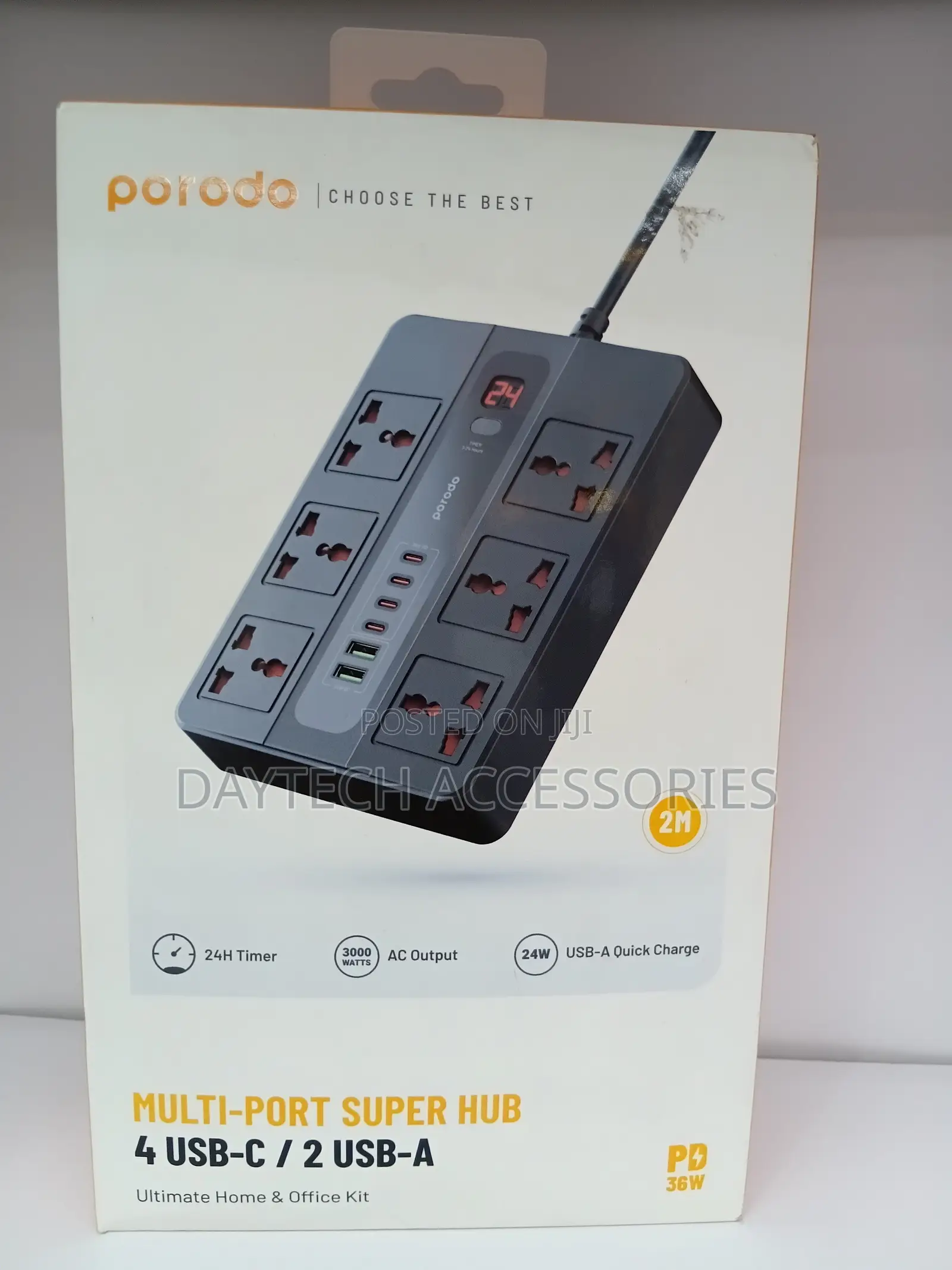 Porodo 6 Socket Power Extension Cord 12 In 1 Strip - Black
