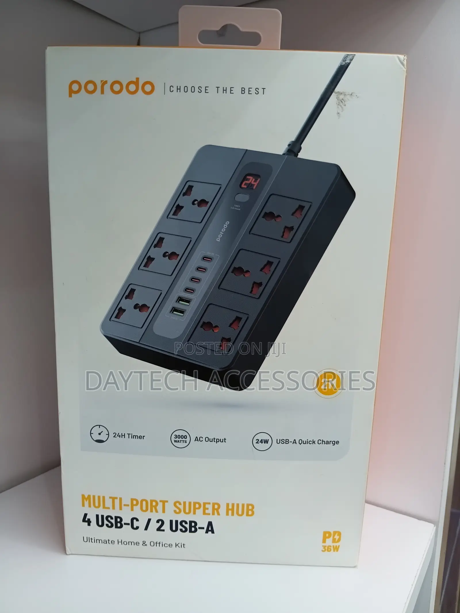 Porodo 6 Socket Power Extension Cord 12 In 1 Strip - Black