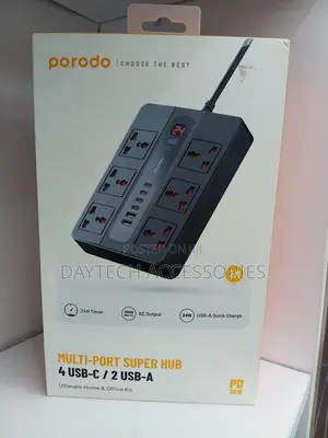 Porodo 6 Socket Power Extension Cord 12 In 1 Strip - Black