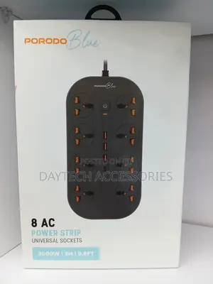 This Is Porodo Blue 8ac Power Strip Featuring Eight Universal Sockets