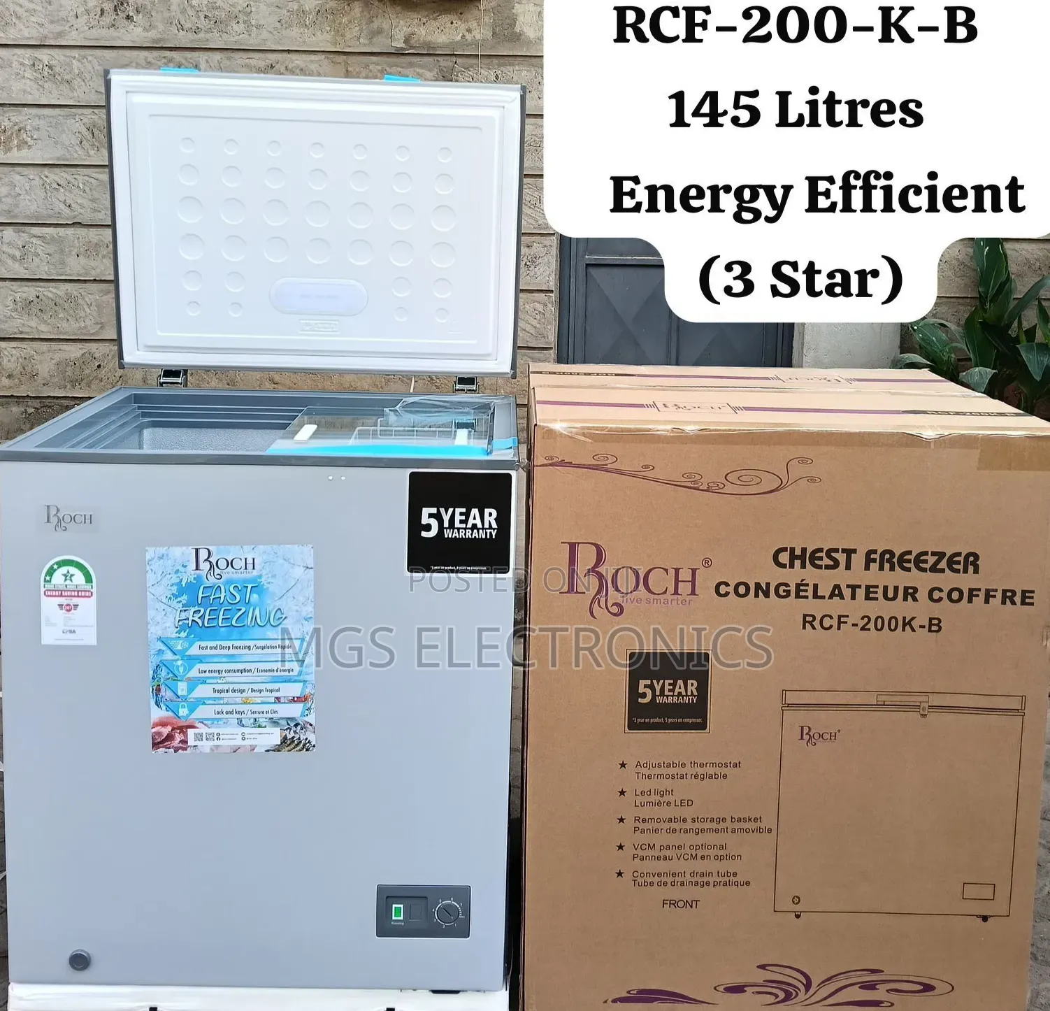*Roch Chest Freezer 145l 1 Basket
°5years Warranty