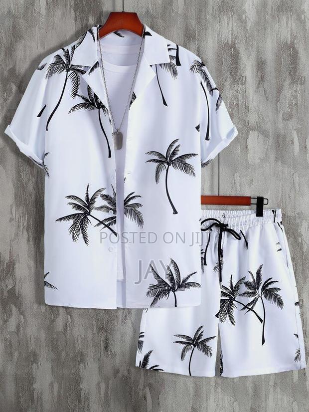 Men Vacation Beach Palm Tree Print Shirt Drawstring Waist Shorts - thumbnail 2