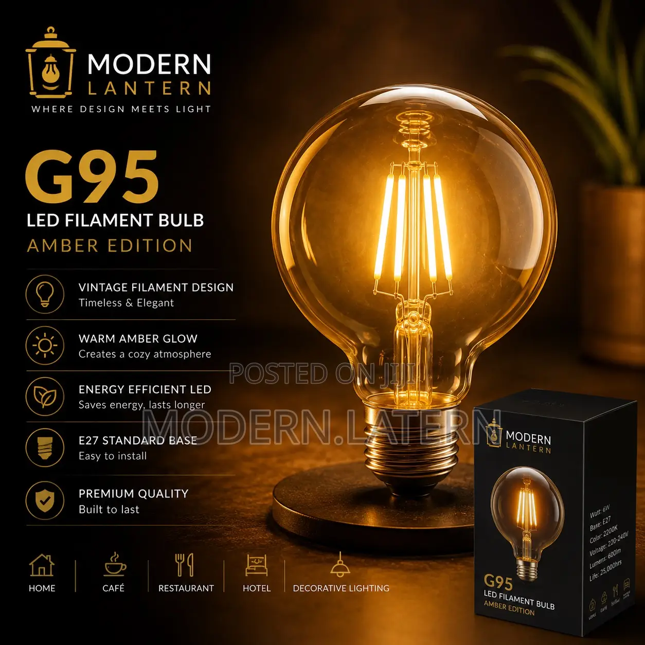 Modern Latern G95 Amber Filament Led Bulb | Decorative E27 Warm Light