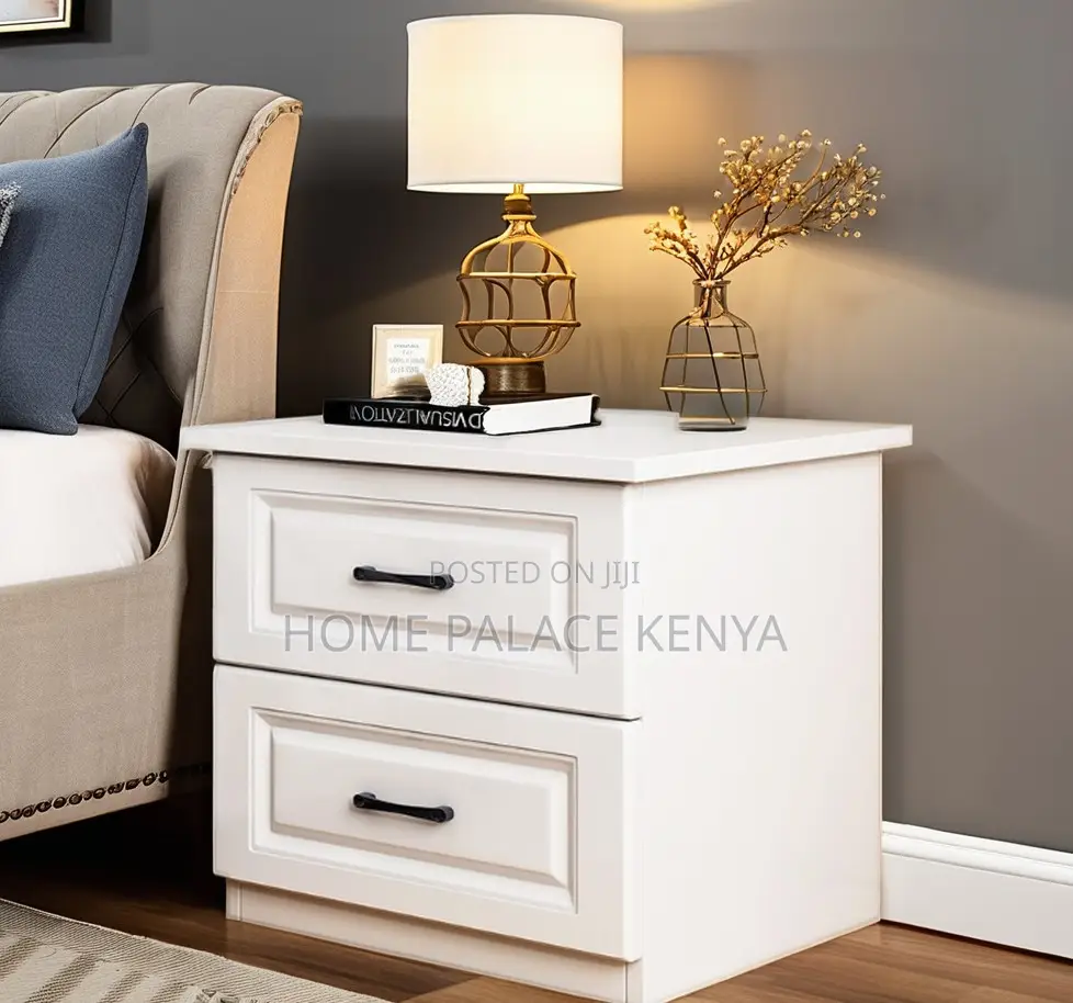 Nightstand; Solid White Oak Bedside Table With Black Handles