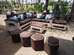 Brown L Shaped Sofa With Stools