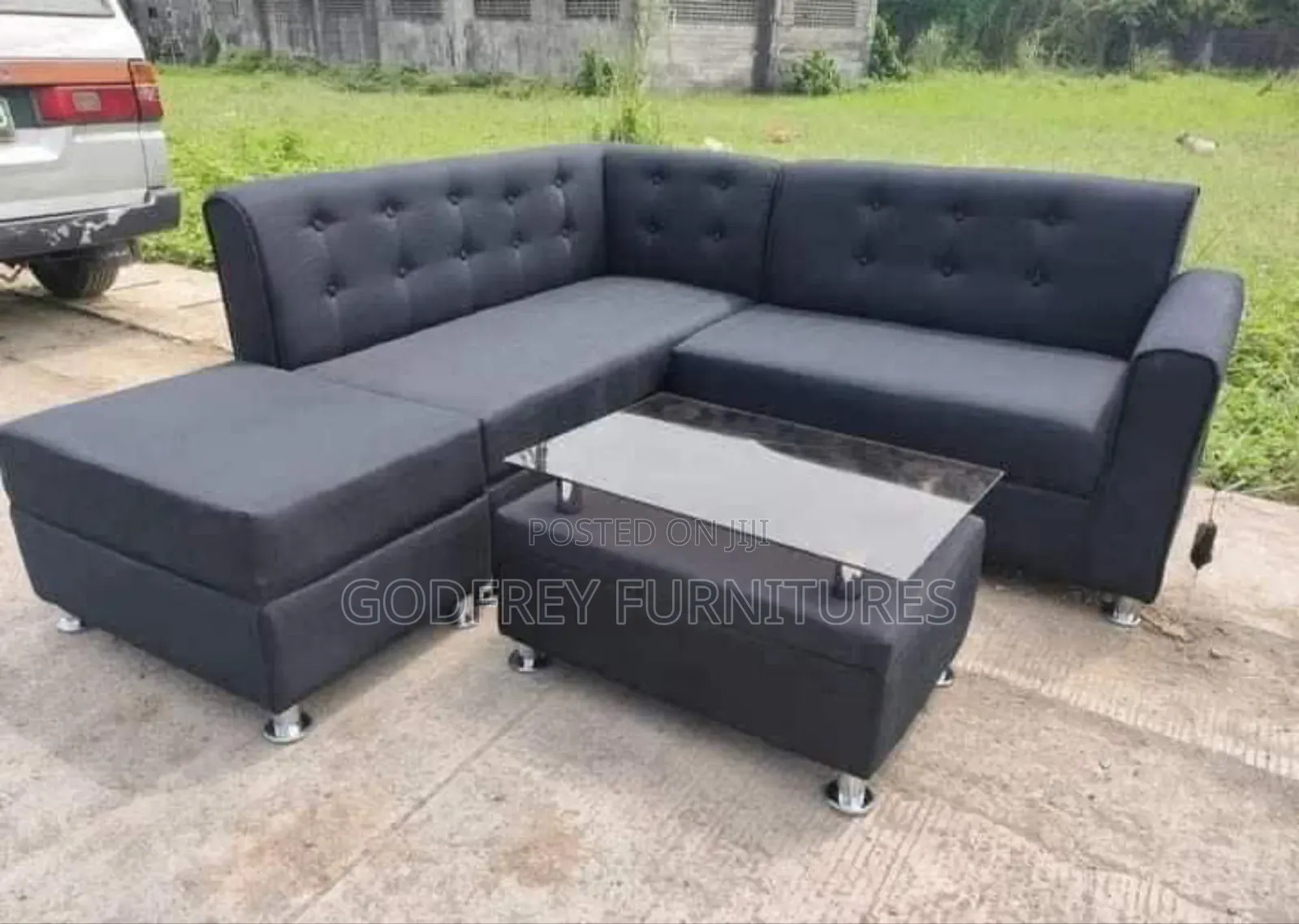 Black L Shaped Sofa With Glass Table