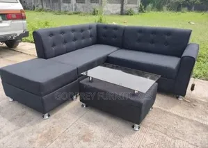 Black L Shaped Sofa With Glass Table