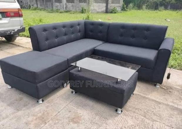 Black L Shaped Sofa With Glass Table