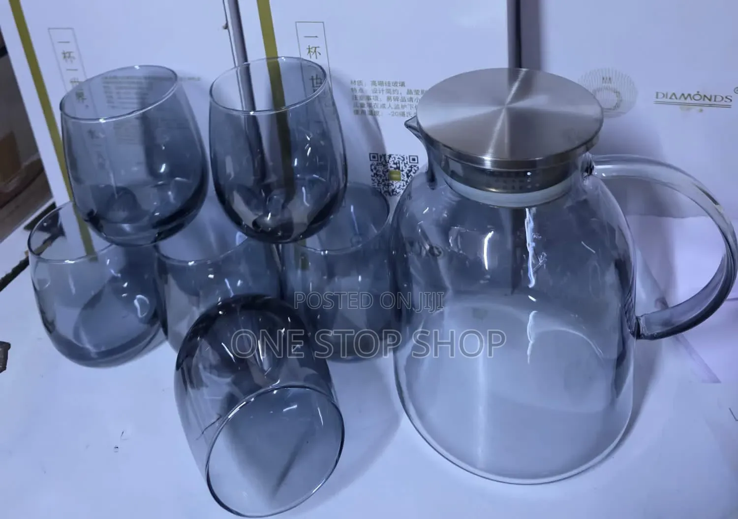 7pc Smoky 6 Glass Borosilicate Water Set With Jug1.8litre