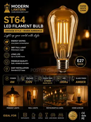 Modern Latern St64 4 Watts Filament Bulb – E27 Warm White Amber Led