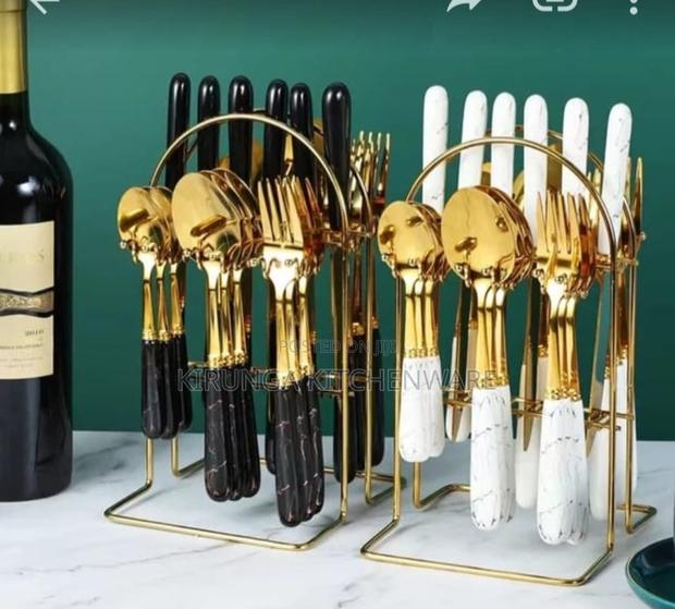 24 Pieces Marble Gold Cutlery Set