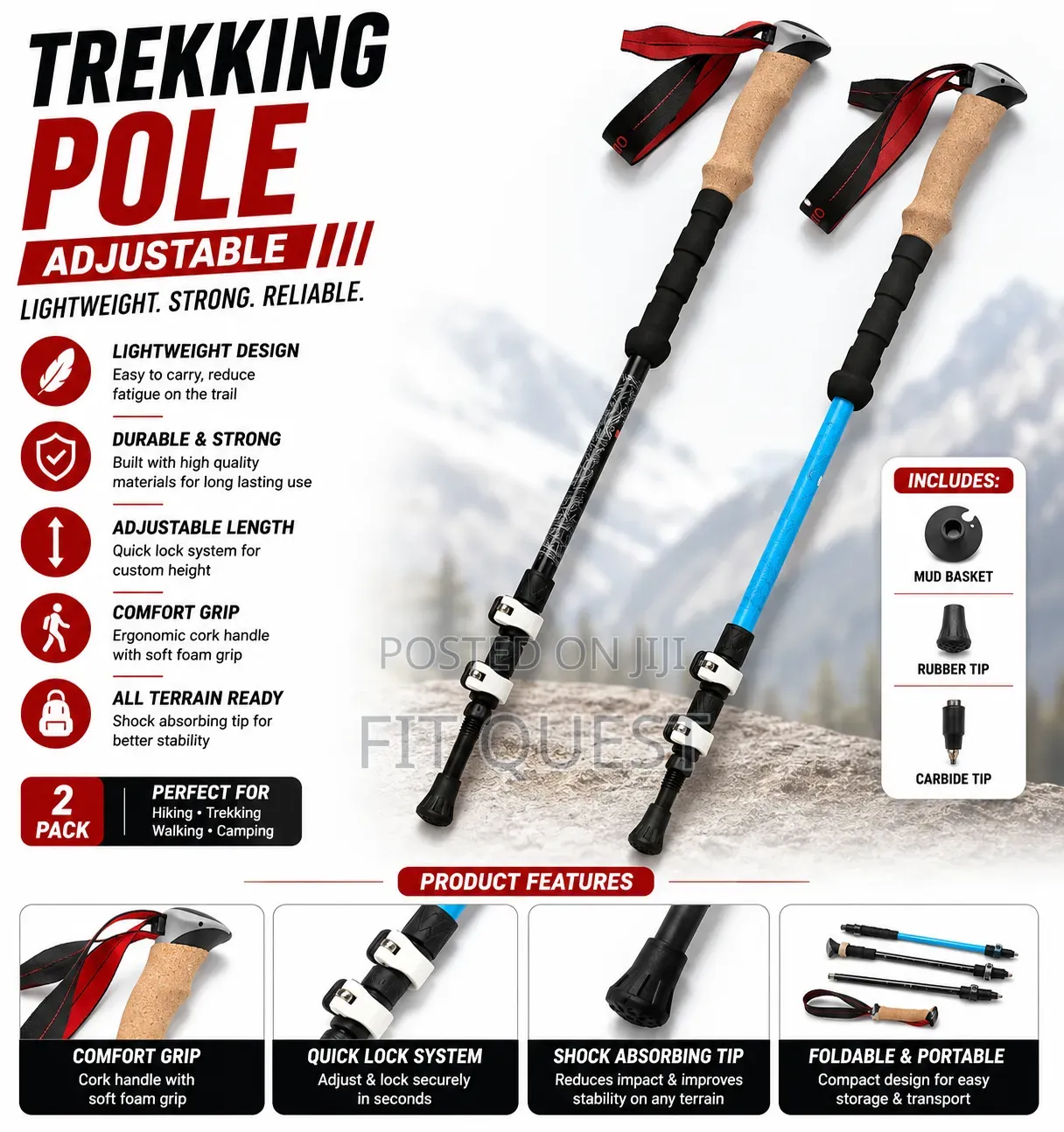 Adjustable Trekking Poles Lightweight Hiking Walking Sticks Pair