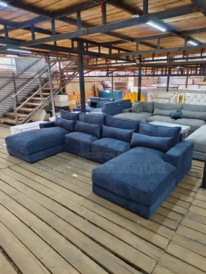 9 Seater U-Shaped Sectional Sofa Modern Blue Fabric Couch