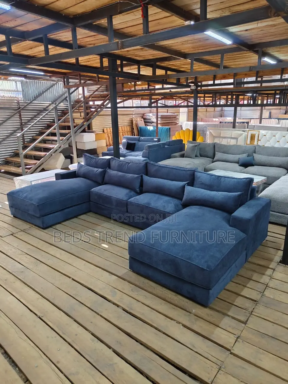 9 Seater U-Shaped Sectional Sofa Modern Blue Fabric Couch