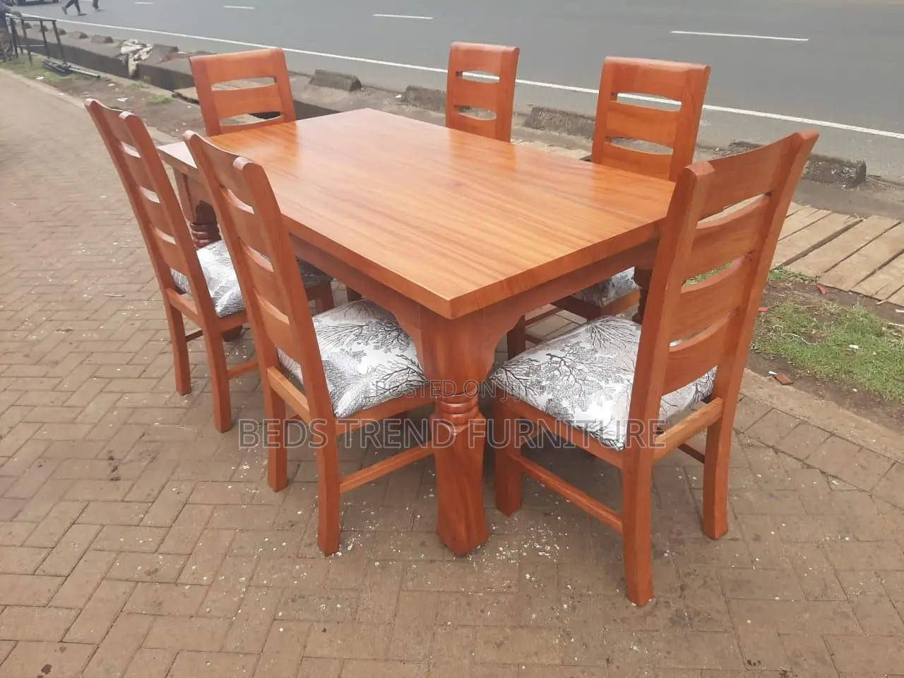 6-Seater Rectangular Wooden Dining Set With Ladder-Back Chairs