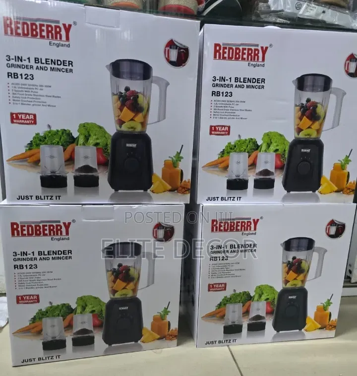 3 in 1 Redberry Blender 
Rb123
Contains: Blender ,Grinder and Mincer