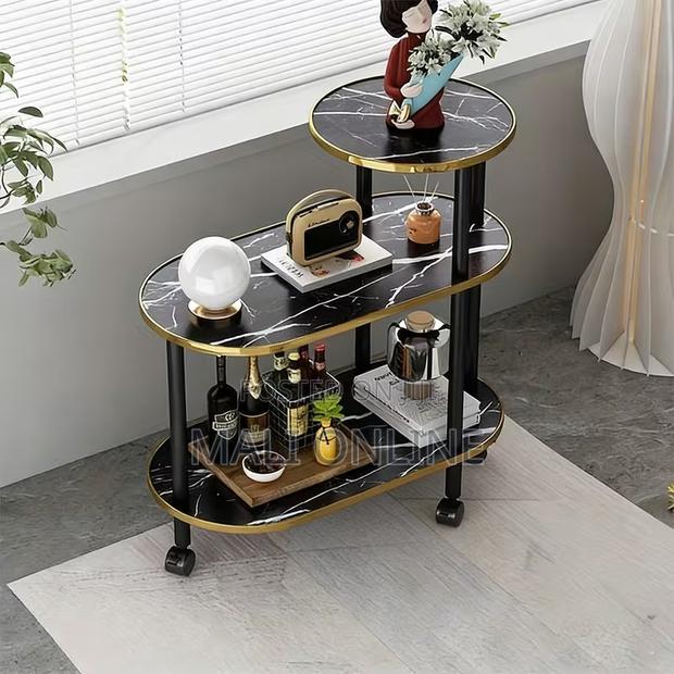 Movable Wood Marble Top 3 Tier Coffee Side Table With Wheels