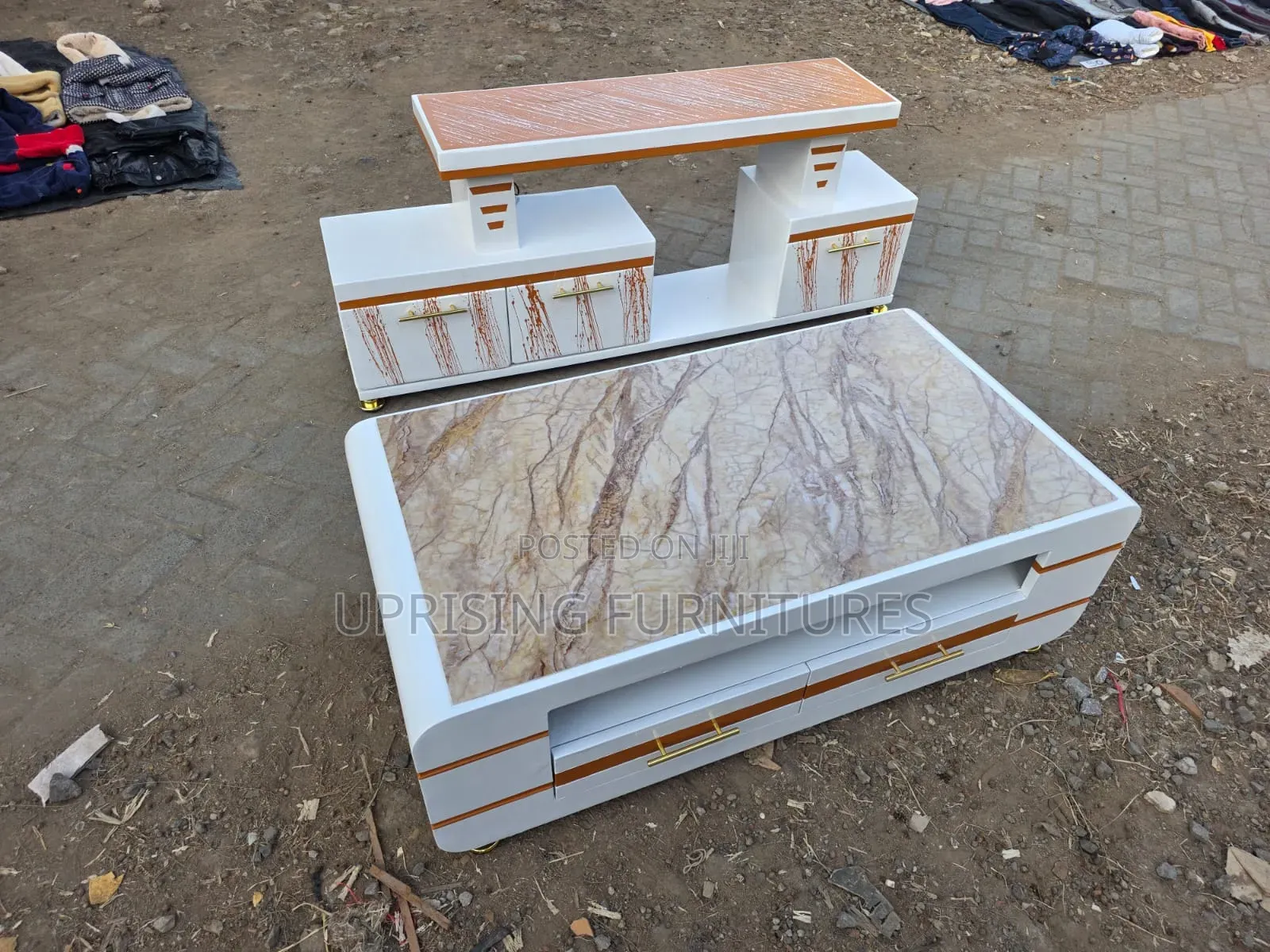 Cofee Table White Gold With Brown Top Tv Stand