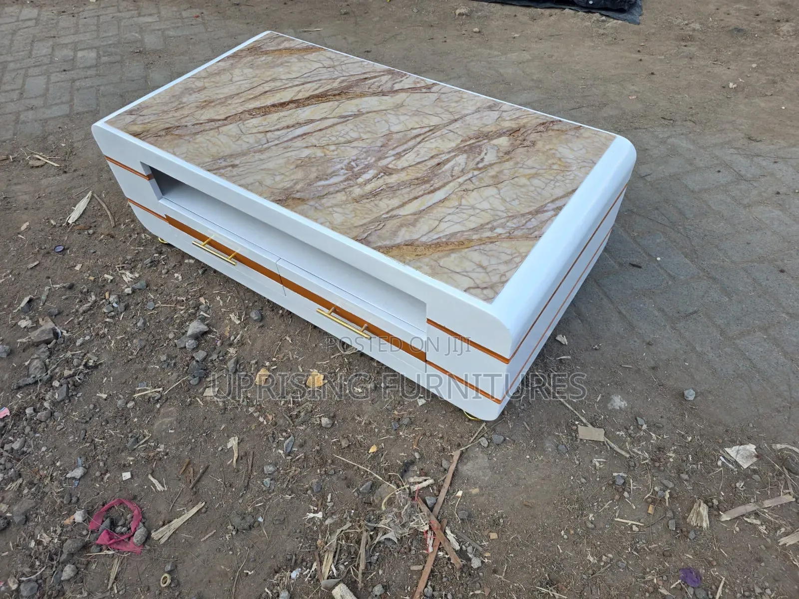 Coffee Table White Gold Marble Top Brown