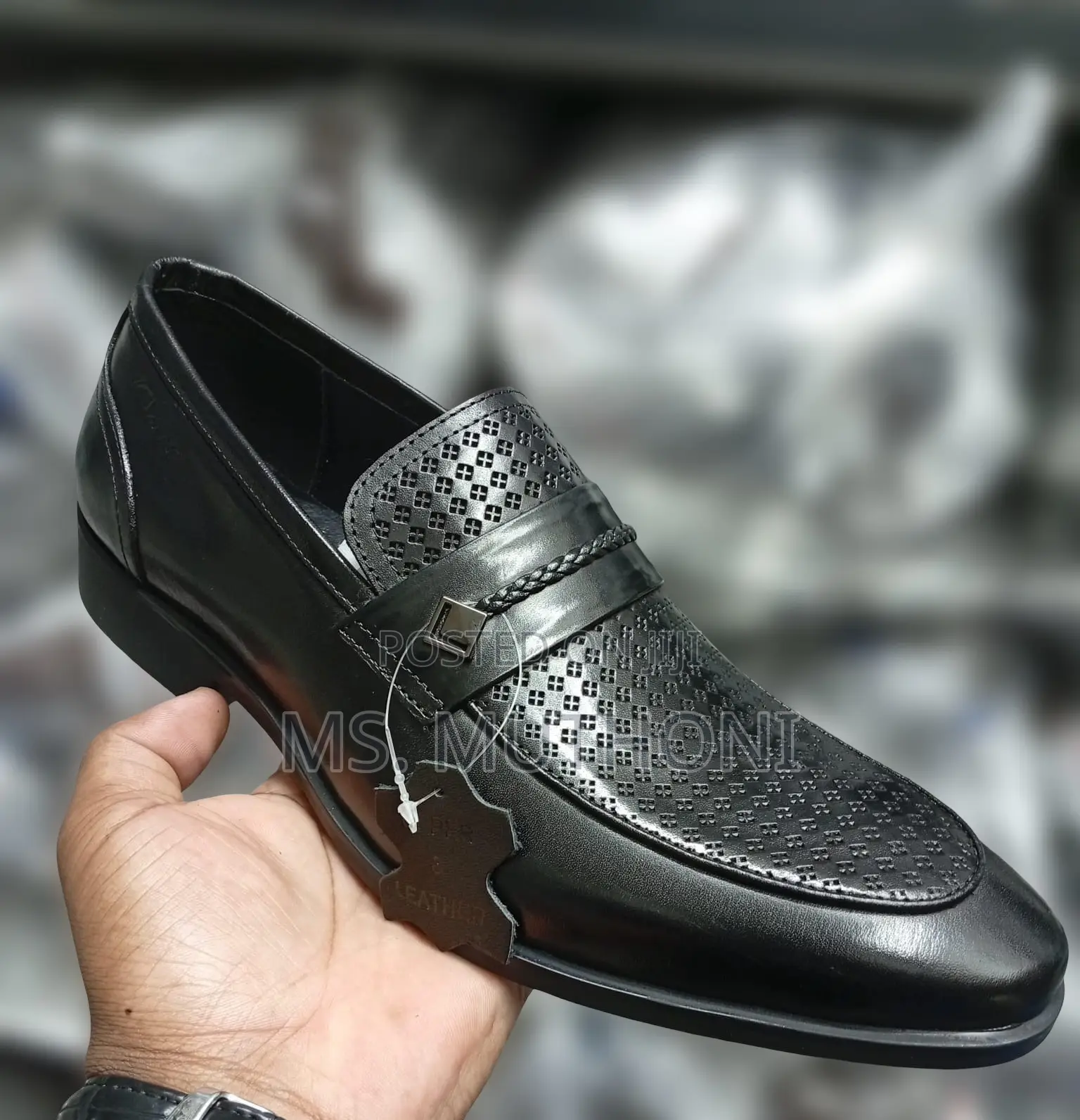 Black Genuine Leather Slip-on Officials Ft Textured Crocodile Pattern