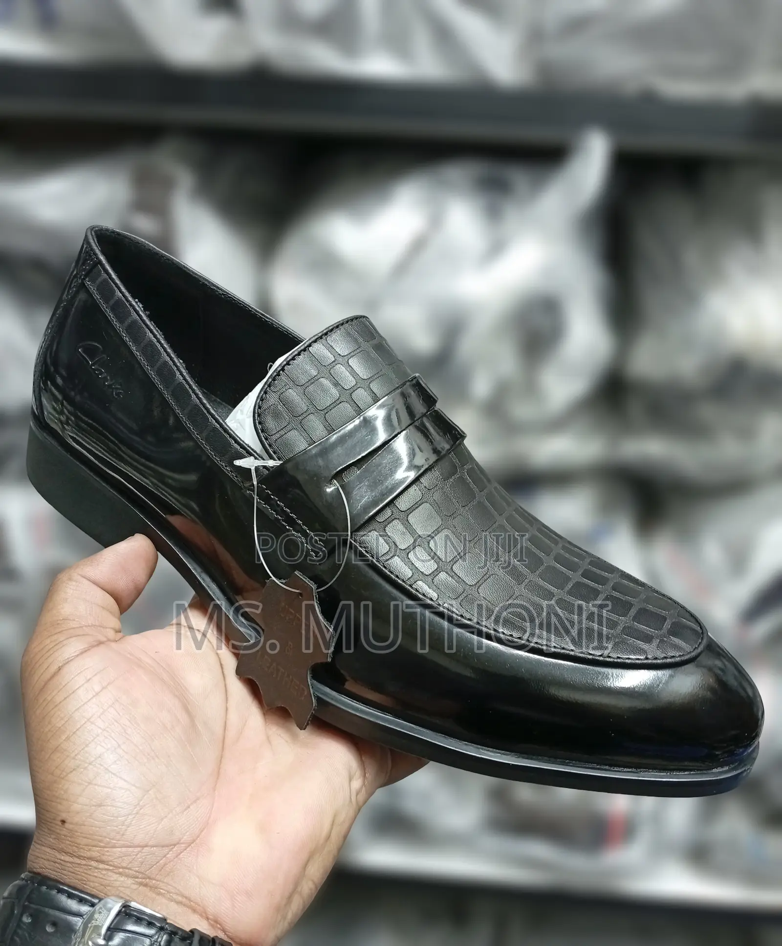 Black Genuine Leather Slip-on Officials Ft Textured Crocodile Pattern