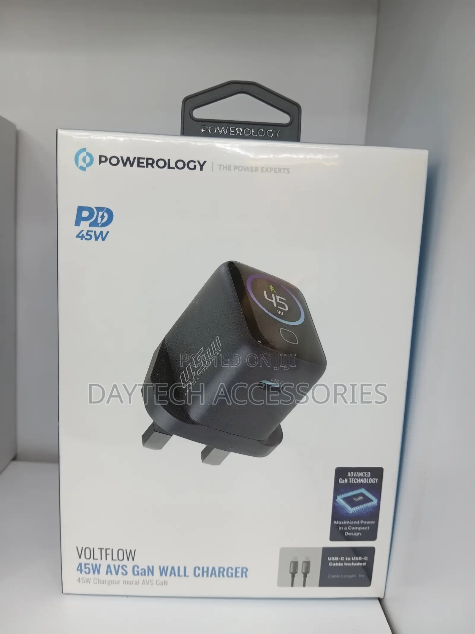 Powerology Voltflow 45w Type-C Adaptor With TFT Screen C-to-C Cable