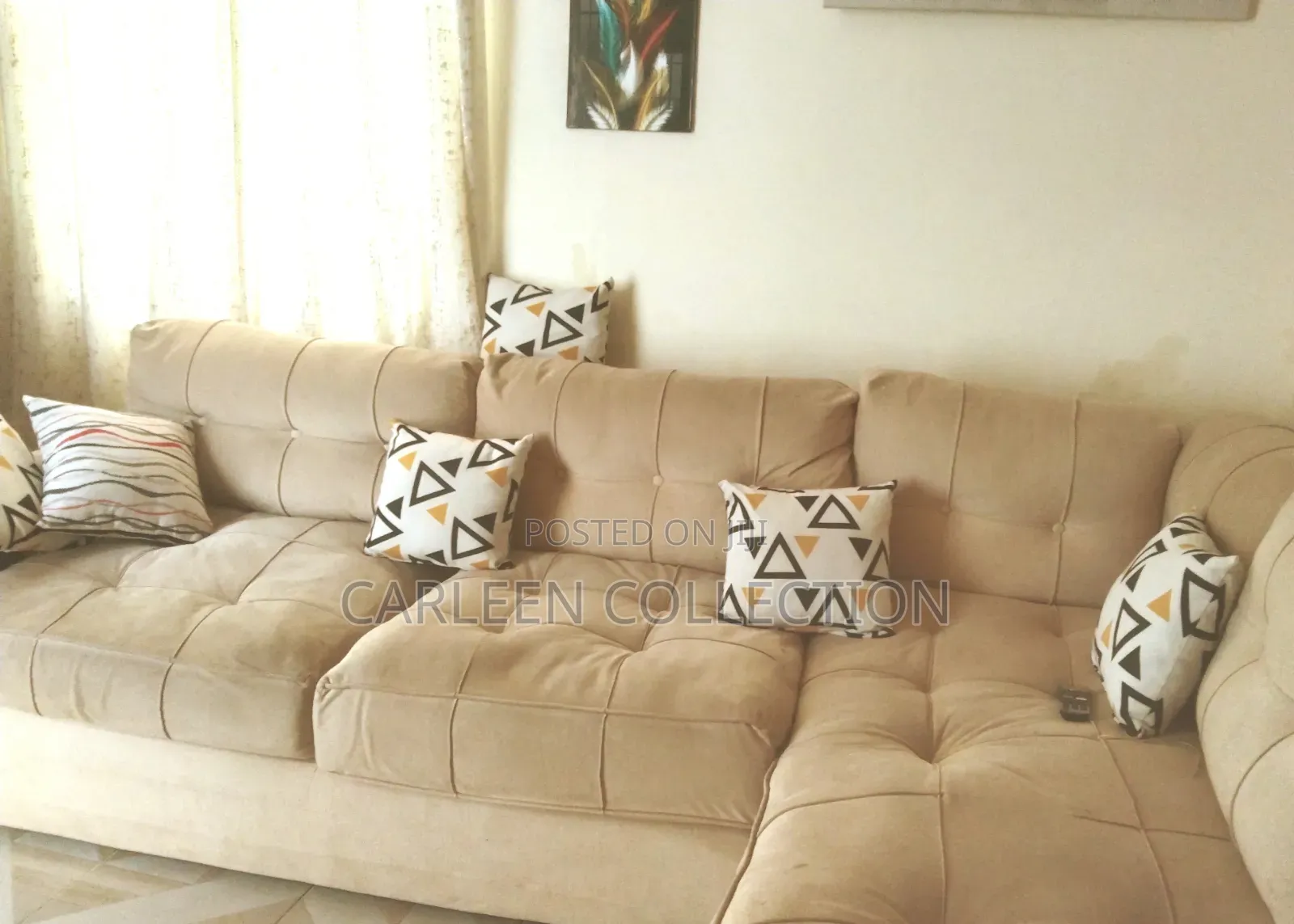 L_shaped Spring Cushioned Fabric Sofaset