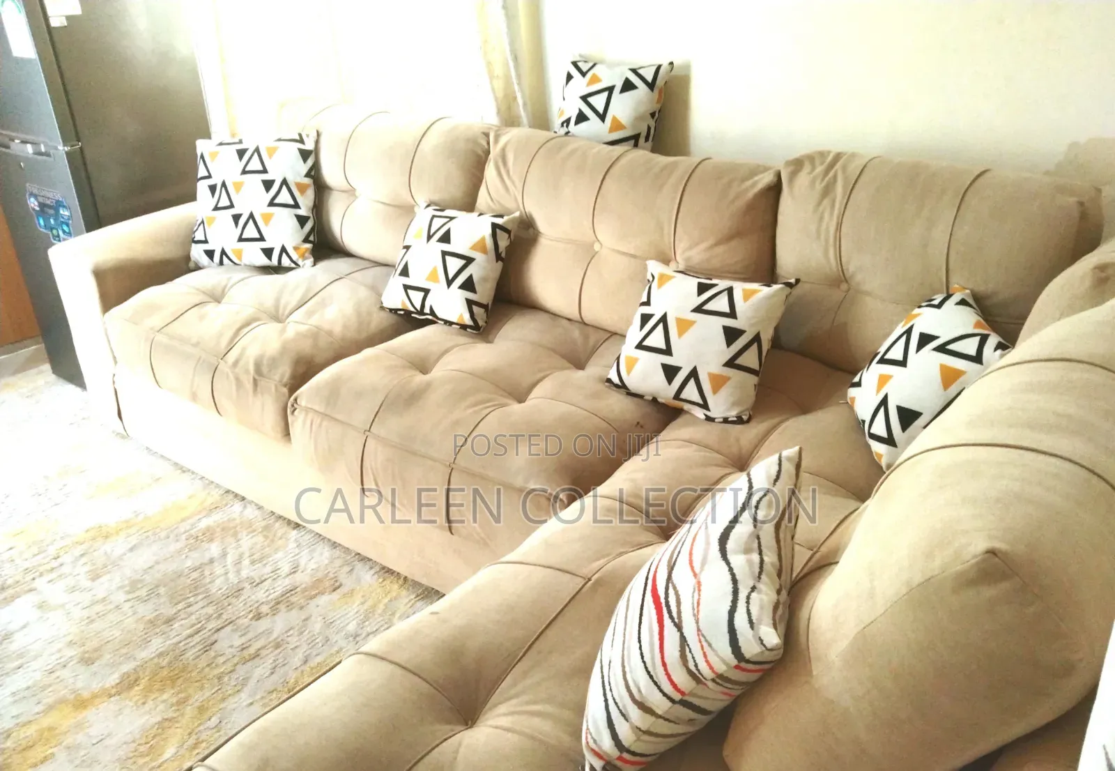 L_shaped Spring Cushioned Fabric Sofaset